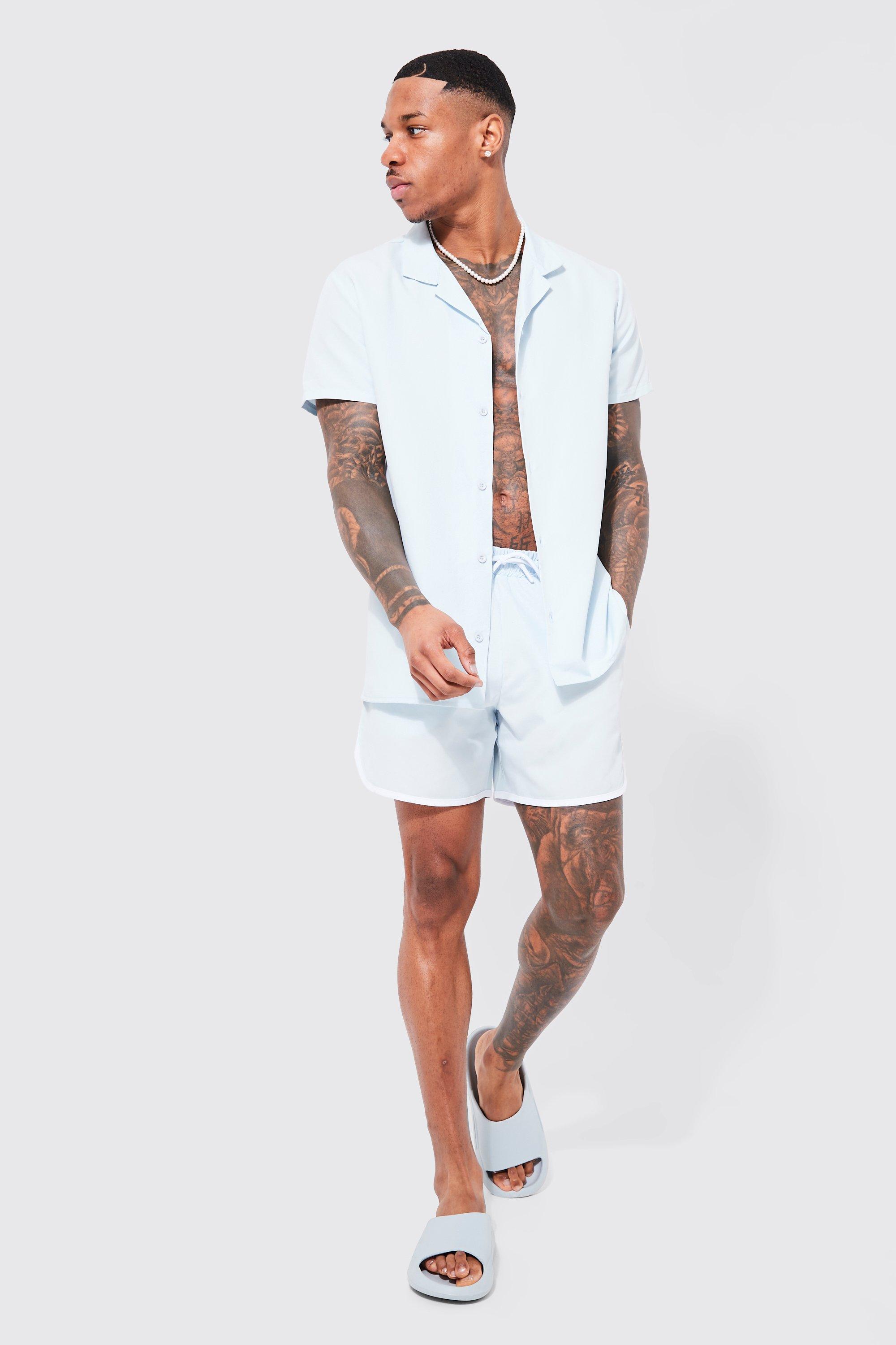 Mens Blue Short Sleeve Shirt And Swim Set, Blue